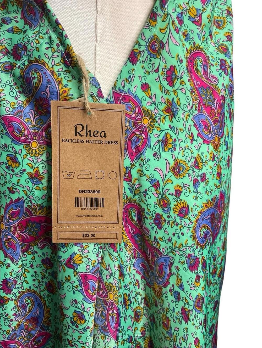 Rhea Backless Halter Dress S Paisley Green Pink Floral Tie Back Midi NWT A27 - Picture 7 of 8